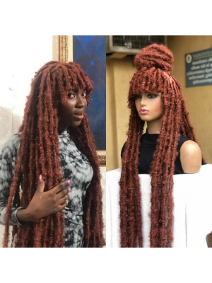 Ginger Destressed Locs With Bangs,Butterfly locs braided wig for black women full lace distressed locs hair with Bangs, fringe braids wig , Cajun colour hair full lace wig