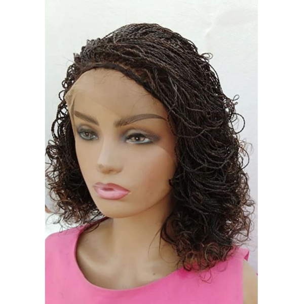 Light Auburn Micro Senegalese Twist, Curled Hair, Full lace wig