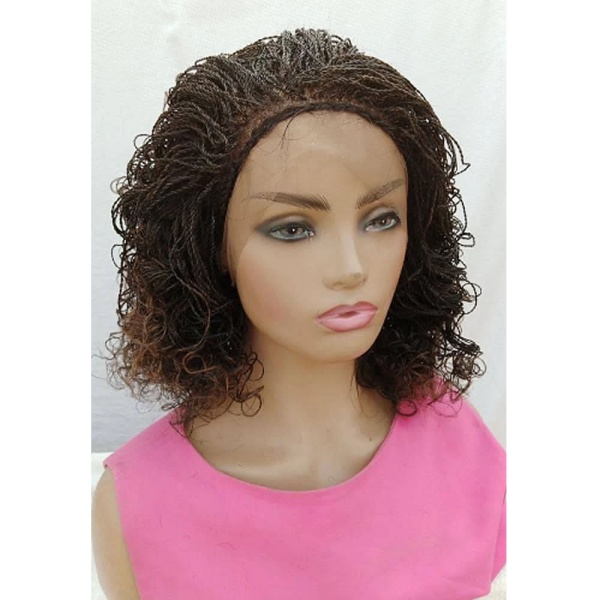 Light Auburn Micro Senegalese Twist, Curled Hair, Full lace wig